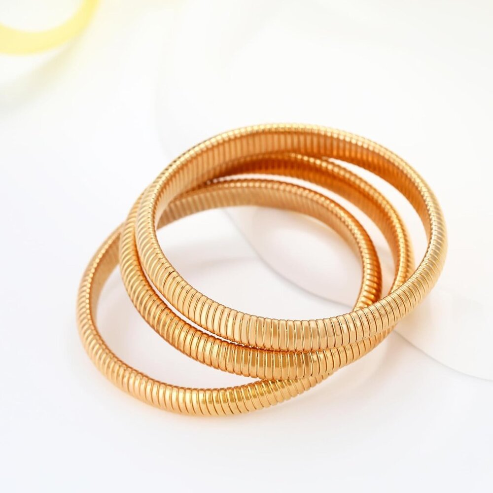 Gold Beaded Bangle Bracelets Set Stack Stretchy S… - image 4